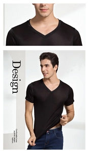 Detail of premium black V-neck mulberry silk t-shirt for men with breathable knit fabric