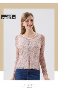 Detail of floral silk sunscreen cardigan with breathable mesh texture and button closure