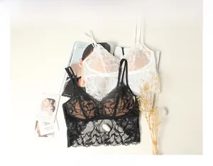 Flat lay of silk lace bras in black and white featuring delicate floral patterns