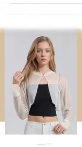 Detailed view of lightweight white 100% silk mesh sun protection shirt for women