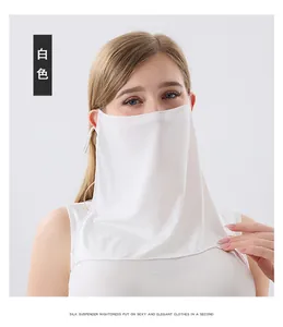 Detail of white 100% mulberry silk sun mask showing breathable fabric and ear loops