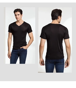 Front and back detail of premium black V-neck knitted silk T-shirt for men