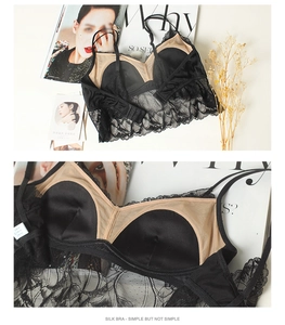 Detail of silk lace bra with smooth black fabric and delicate floral lace edge texture