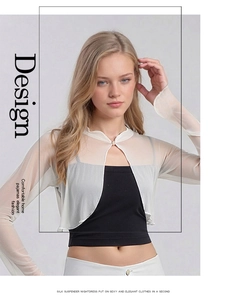 Detail view of sheer silk shrug featuring elegant mesh texture and single button closure
