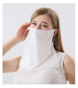 Detail of white 100% mulberry silk sun protection face mask with ear loops and neck guard