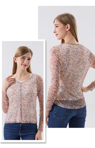 Detailed front and back views of silk mesh cardigan with floral print and button closure