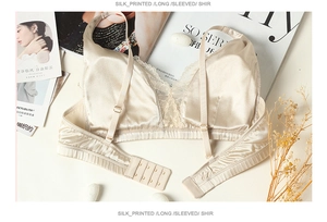 Detail view of champagne silk lace bra with adjustable straps and hook-and-eye closure
