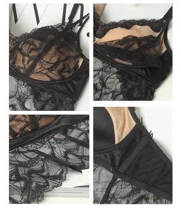 Detailed views of premium black floral lace bra with adjustable straps and soft silk texture