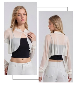 Close-up of white 100% silk mesh bolero featuring front button closure and wavy edges