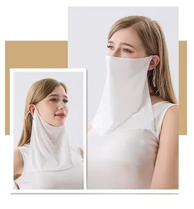 Close-up of breathable white silk sun protection mask with ear loops and neck guard cover