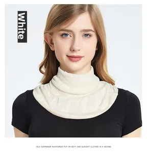 Detailed view of white ribbed knit neck warmer with soft textured turtleneck design