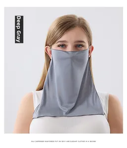 Detail view of dark grey silk sun protection mask with ear loops for neck coverage