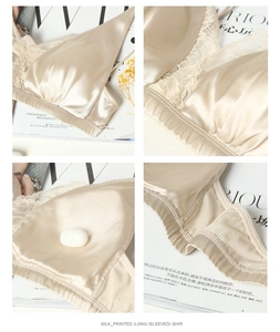 Detail view of champagne silk lace bra featuring smooth satin texture and seamless design