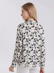 Women's silk long sleeve shirt with geometric polka dot print and classic lapel collar