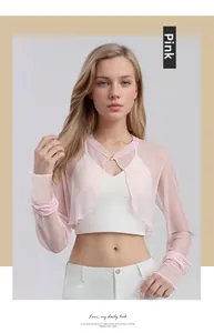 Pink silk mesh bolero cardigan with elegant metal buckle and long sleeves for sun protection
