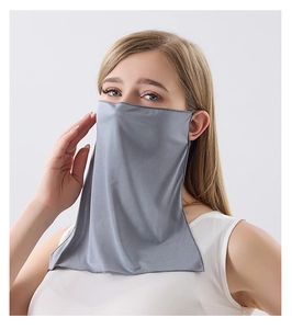 Detail of grey 100% mulberry silk breathable sun protection face mask and neck gaiter