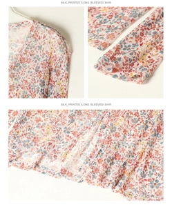 Detail view of silk printed long sleeved shirt featuring vintage floral patterns and buttons