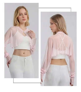Detail view of pink mulberry silk mesh sun protection shrug with sheer texture
