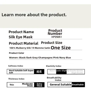 Detailed chart showing 100% mulberry silk sleep mask specifications and fabric features