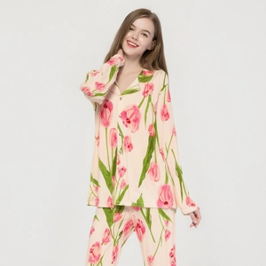 Ensemble pyjama en soie pour femme avec imprimé tulipes, haut à manches longues et pantalon