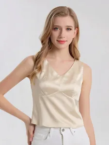 Women's Mulberry Silk Tank Top V-Neck Sleeveless Top With Built-in Chest Pads Elegant 16 Momme Silk Satin Camisole Daily