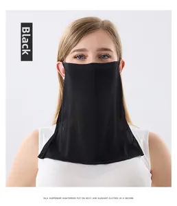 Detail of a black breathable 100% mulberry silk sun protection face and neck mask
