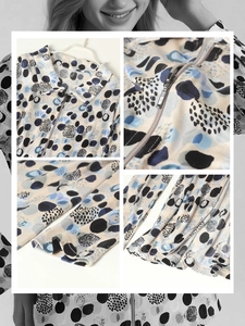 Women's silk blend shirt featuring an abstract geometric print and a front zipper closure