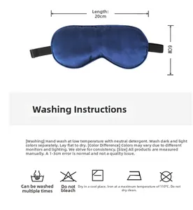Detail showing 20cm mulberry silk eye mask dimensions and laundry care instructions