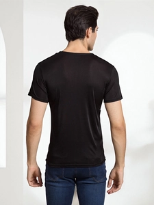Men's premium black 100% mulberry silk knit T-shirt with a slim fit and V-neckline