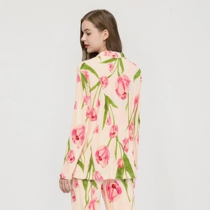 Ensemble pyjama en soie pour femme avec imprimé tulipes roses, haut long et pantalon