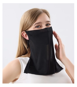Detail view of black 100% silk sun protection face mask with breathable mesh fabric