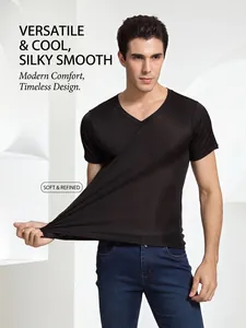 Men's black V-neck short sleeve T-shirt in 100% silk knit with high elastic breathable fabric