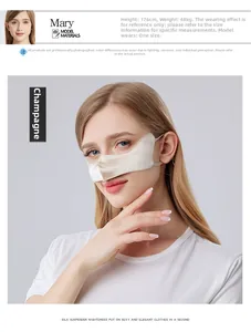 Detail view of champagne silk nose mask showing soft texture and elastic ear loops