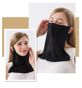 Detailed view of black breathable silk sunscreen mask with ear loops and neck protection