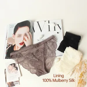 Lace briefs for women with 100% mulberry silk crotch in grey, black, and beige colors