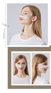 Close-up of silk nose cover in champagne gold with adjustable ear loops for protection