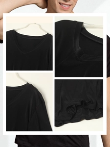 Men's black 100% mulberry silk knitted V-neck T-shirt showing detailed fabric and stitching