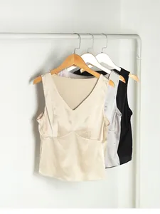 Satin silk V-neck camisole tops for women in champagne, silver grey, and black colors