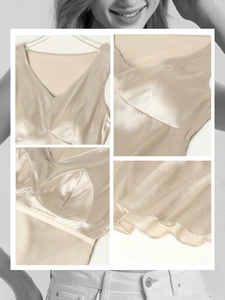 Champagne silk V-neck camisole top with built-in padding and scalloped hem details