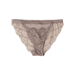 Lace silk panties in light brown featuring floral scalloped edges and low-rise design