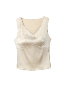 Silk V-neck camisole top in champagne satin with integrated chest pads for women