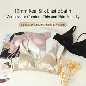 Lace silk bralette made of 19 momme stretch satin in champagne, pink and black colors