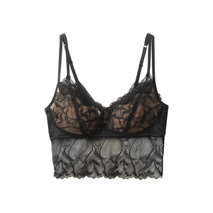 Lace silk bralette with floral patterns and sheer mesh hem in French vintage style