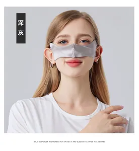 Detail view of the silk nose cover in dark gray showing breathable fabric and ear loops