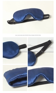 Macro shot of navy silk sleep mask showing satin texture and adjustable elastic strap