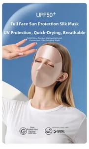 Detail of 100% mulberry silk full face mask with UPF50+ sun protection in light pink color