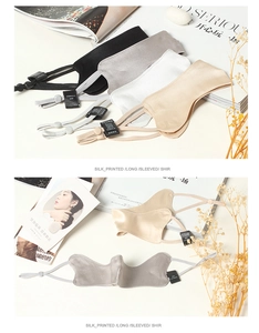 Detail showing adjustable elastic straps and 100% mulberry silk texture of the eye mask