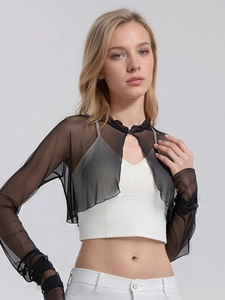 Women's black 100% silk mesh sunscreen shrug with long sleeves and elegant ruffles