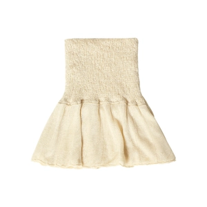 Beige 100% mulberry silk knitted neck warmer with elastic smocking and ruffle edges