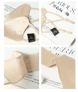 Detail of 100% mulberry silk nose mask in champagne gold with adjustable straps
